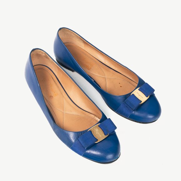 Salvatore Ferragamo Varina Blue Leather Bow Ballet Flats - Picture 1 of 11